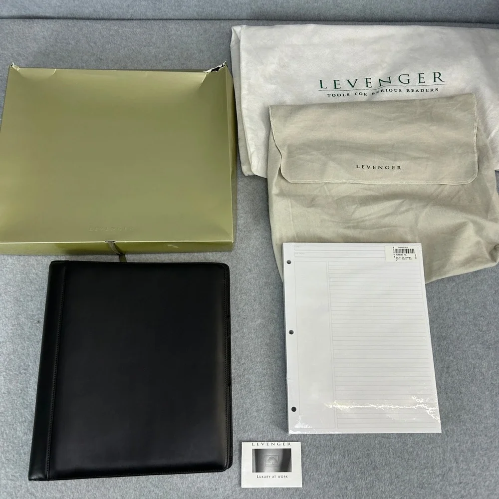Levenger Leather 3-Ring Binder Organizer Black Refill Paper Box Dust Bag Large